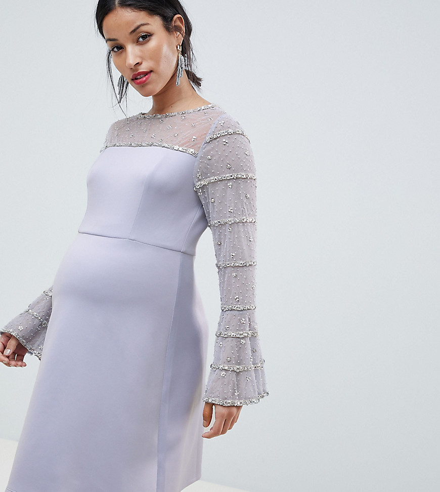 ASOS DESIGN Maternity scuba mini dress with embellished sleeves and back detail-Grey