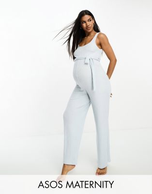 ASOS DESIGN Maternity - Sehr weicher, gerippter Lounge-Jumpsuit in Blau mit eckigem Ausschnitt