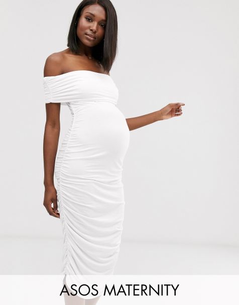ASOS DESIGN Maternity – Seitlich gerafftes Midikleid mit Carmenausschnitt