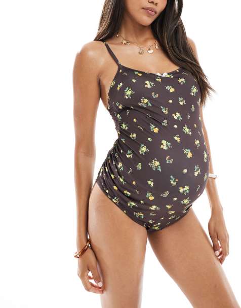 ASOS DESIGN Maternity – Shannon – Badeanzug in Braun mit Picot-Borte und U-Ausschnitt - view 1