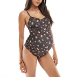 [ASOS Maternity] ASOS DESIGN Maternity Shannon picot trim scoop swimsuit in brown-Multi 8 Brown