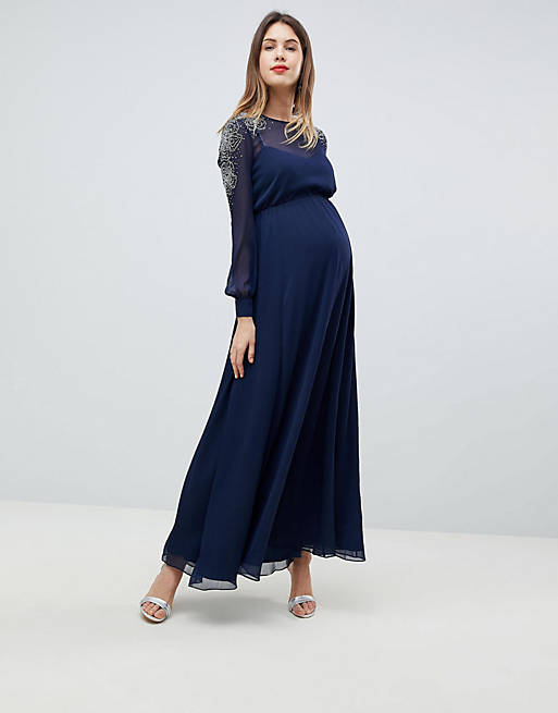 ASOS DESIGN Maternity Sheer Sleeve Maxi Dress with Embellished Shoulder ...