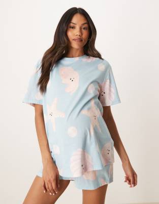 ASOS DESIGN Maternity shell oversized tee and shorts pajama set in baby blue-Multi