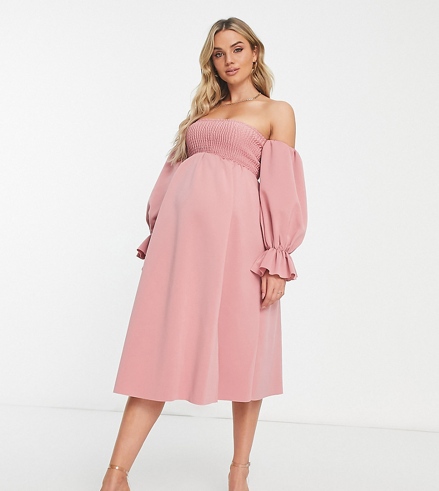 Asos Maternity Asos Design Maternity Shirred Bardot Blouson Midi Dress In Soft Pink-multi