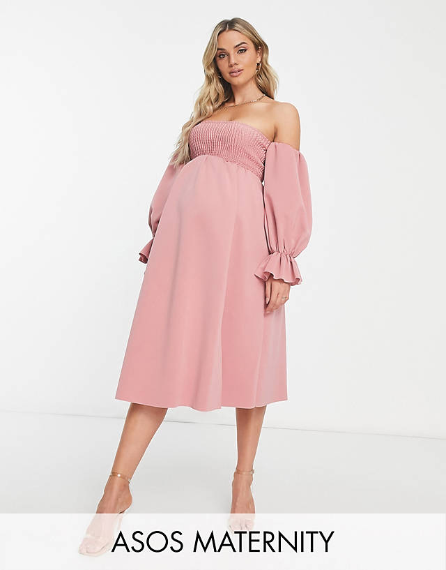 ASOS Maternity - ASOS DESIGN Maternity shirred bardot blouson midi dress in soft pink
