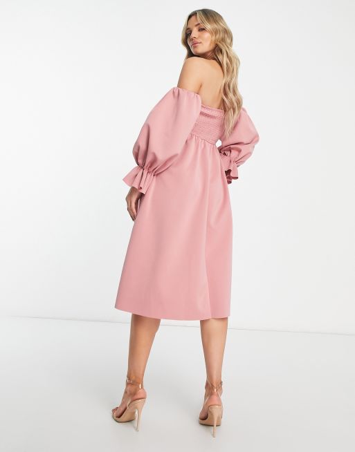 ASOS DESIGN Maternity shirred bardot blouson midi dress in soft pink, 4 of 4