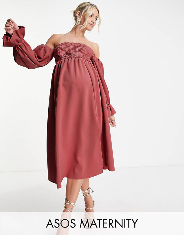 ASOS Maternity - ASOS DESIGN Maternity shirred bust blouson sleeve midi dress in dark pink