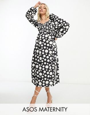 Asos Maternity Asos Design Maternity Shirred Bust Blouson Sleeve Midi Dress In Polka Dot-multi