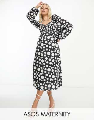 ASOS DESIGN Maternity shirred bust blouson sleeve midi dress in polka dot-Multi