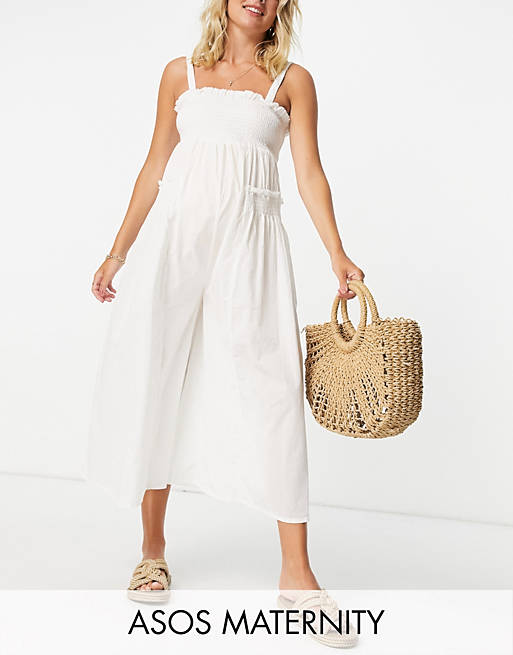  maternity shirred elastic back jumpsuit in white 