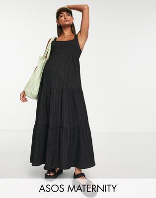 ASOS DESIGN Maternity shirred maxi sundress with tiers in black - ASOS Price Checker