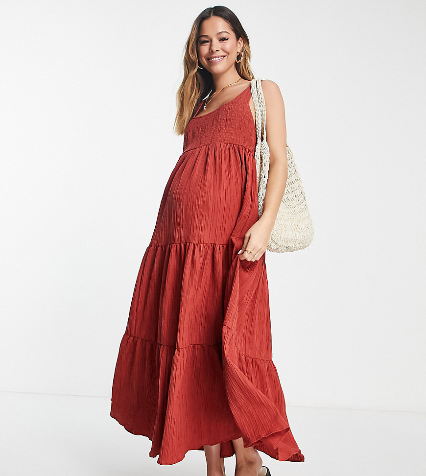 ASOS DESIGN Maternity shirred maxi sundress with tiers in rust