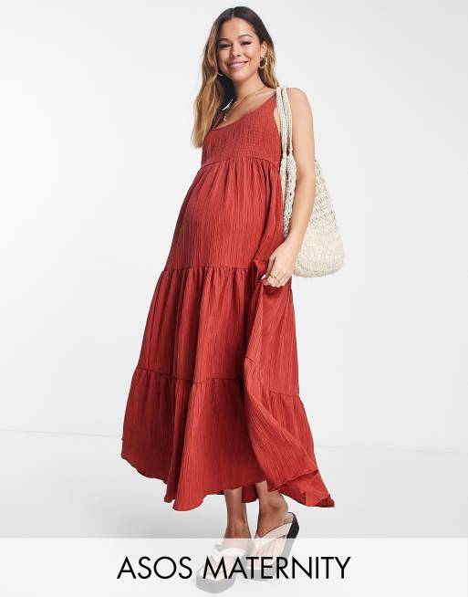 ASOS DESIGN Maternity shirred maxi sundress with tiers in rust