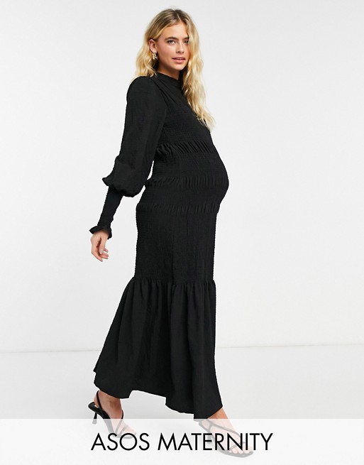 ASOS DESIGN Maternity shirred pep hem midi dress in black