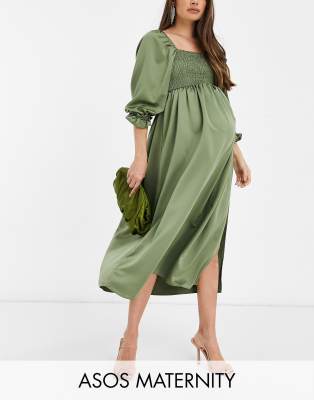 Asos Maternity Asos Design Maternity Shirred Satin Maxi Dress In