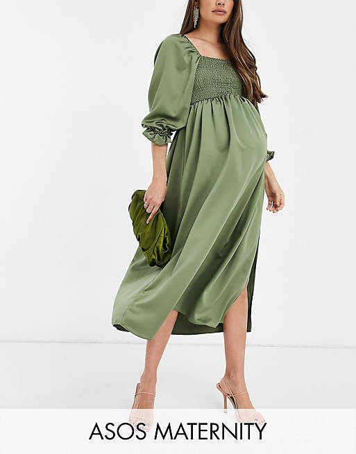 ASOS DESIGN Maternity shirred satin maxi dress in khaki | ASOS
