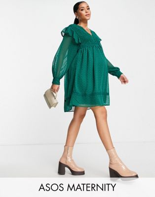 ASOS DESIGN Maternity shirred smock mini dress with lace inserts in bottle green - ASOS Price Checker