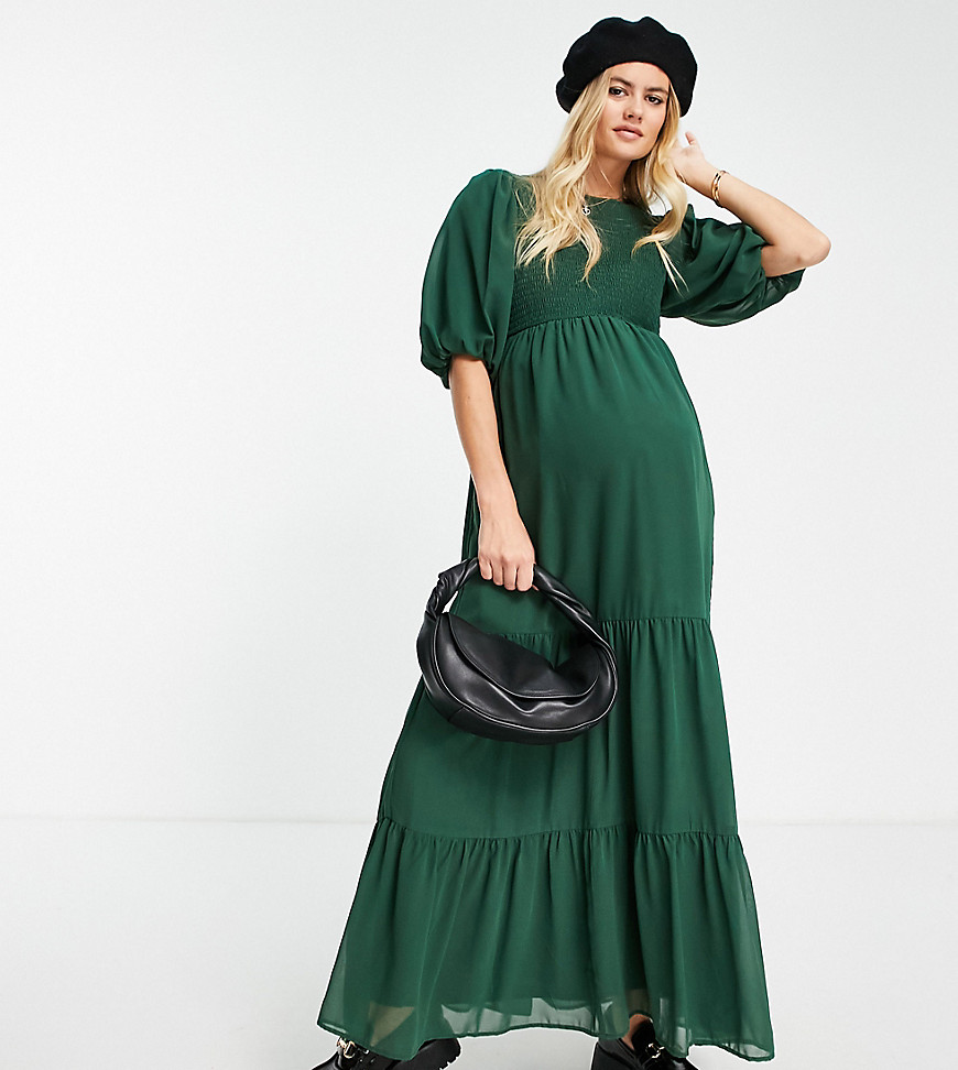ASOS DESIGN Maternity shirred tiered maxi dress in forest green