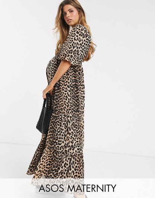ASOS DESIGN Maternity shirred tiered maxi dress in leopard print