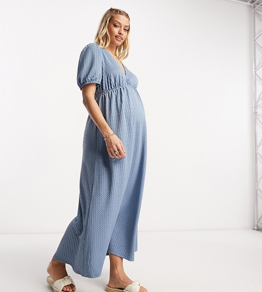 Asos Maternity Asos Design Maternity Shirred Waist Midi Tea Dress With Volume Sleeve In Blue-multi