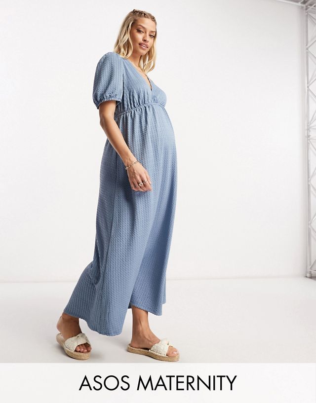 ASOS DESIGN Maternity shirred waist midi tea dress with volume sleeve in blue