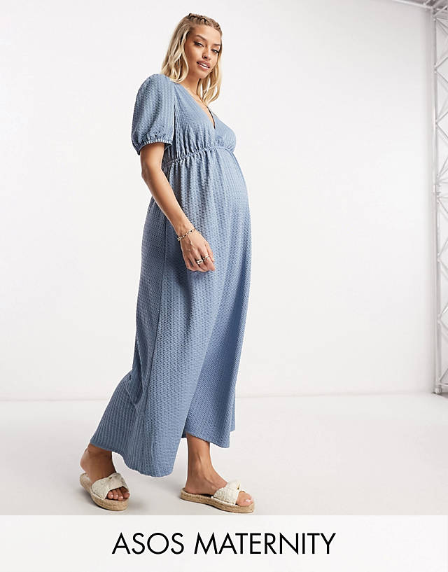 ASOS Maternity - ASOS DESIGN Maternity shirred waist midi tea dress with volume sleeve in blue