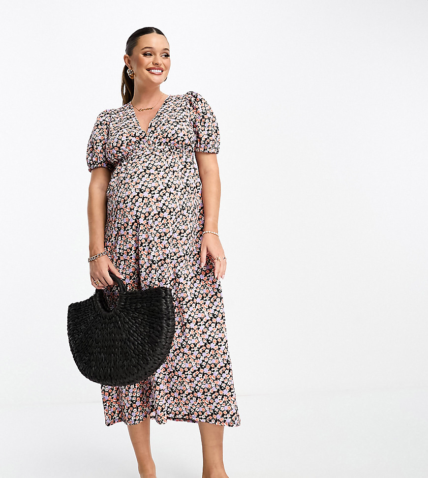 ASOS DESIGN Maternity shirred waist midi tea dress with volume sleeve in ditsy print-Multi