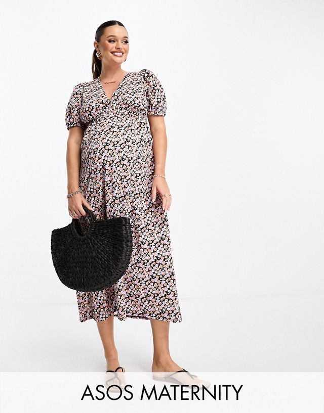 ASOS DESIGN Maternity shirred waist midi tea dress with volume sleeve in ditsy print