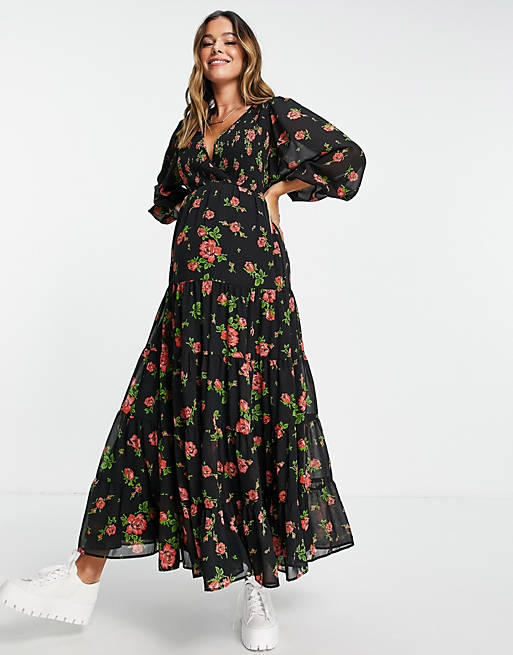 Dresses Maternity shirred wrap tiered skirt maxi dress in black rose print 