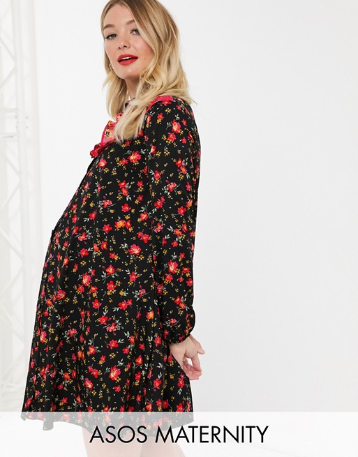 ASOS DESIGN Maternity shirt smock dress in black floral mixed print