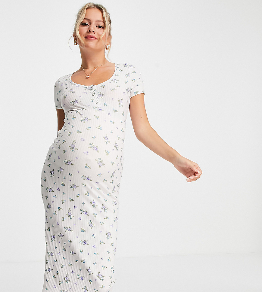 ASOS DESIGN Maternity short sleeve ribbed midi dress in white & blue ditsy floral-Multi