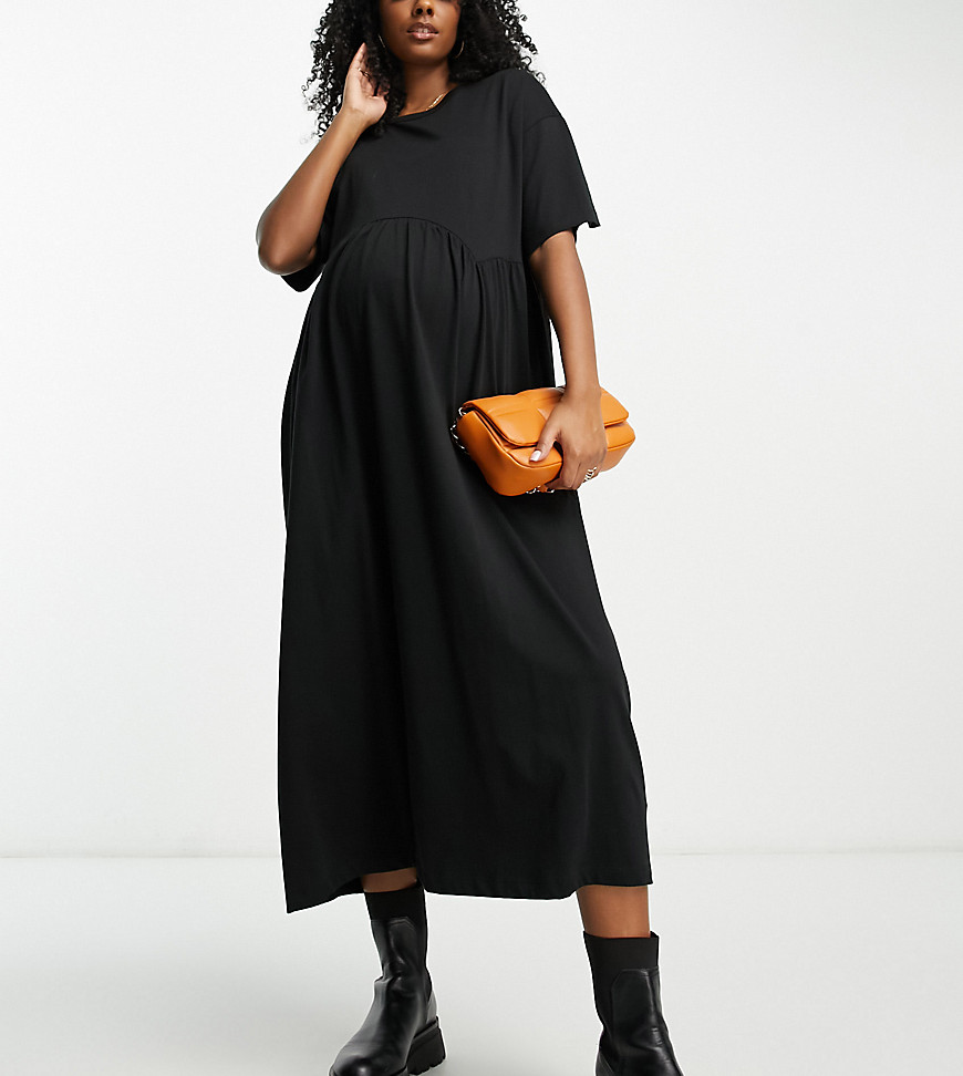 ASOS DESIGN Maternity short sleeve seam detail smock midi dress in black-Multi