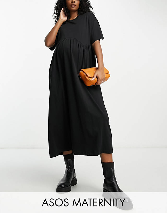 ASOS DESIGN Maternity short sleeve smock midi dress with seam detail in black
