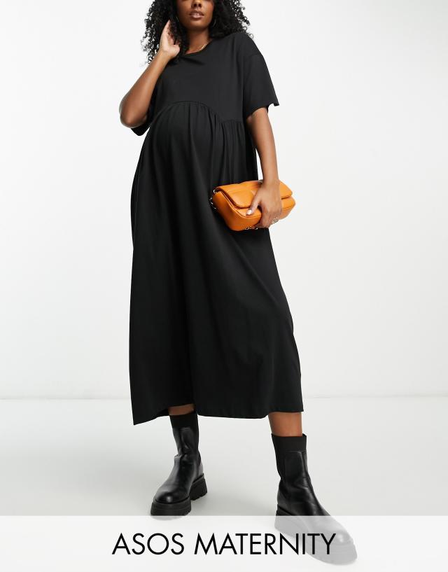 ASOS DESIGN Maternity short sleeve smock midi dress with seam detail in black