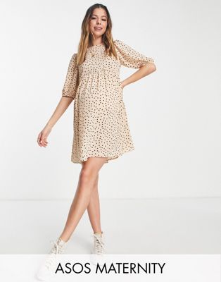 ASOS DESIGN Maternity short sleeve smock mini dress in beige spot print