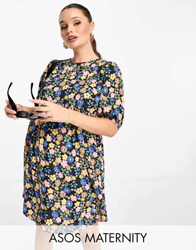 ASOS DESIGN Maternity short sleeve smock mini dress in black floral and dot print