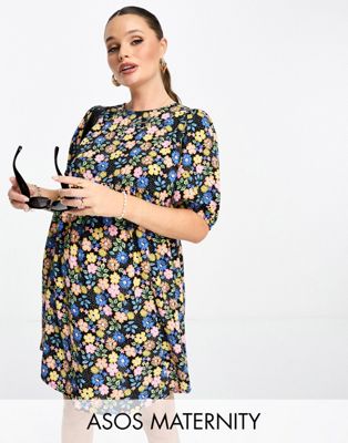 ASOS DESIGN Maternity short sleeve smock mini dress in black floral and spot print