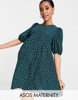 ASOS DESIGN Maternity short sleeve smock mini dress in bottle green spot print