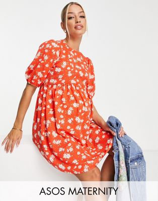 ASOS DESIGN Maternity short sleeve smock mini dress in red floral print-Multi