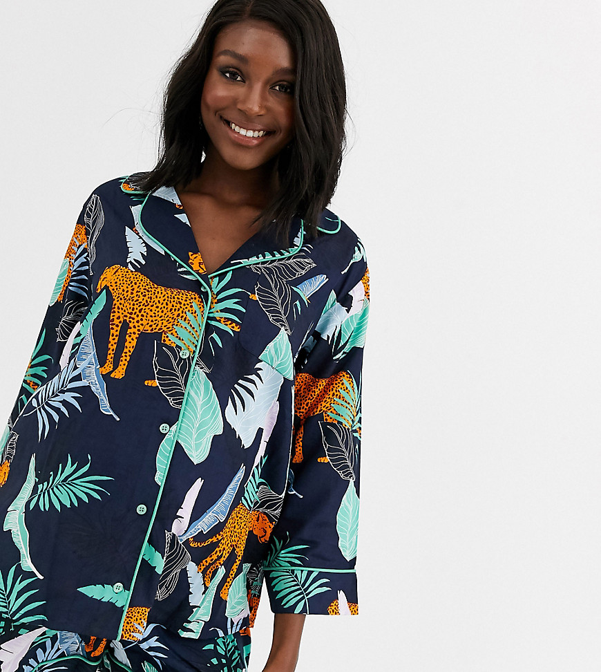 ASOS DESIGN Maternity - skjorte med botanisk tiger-print og shorts 100% modal pyjamas-Blå