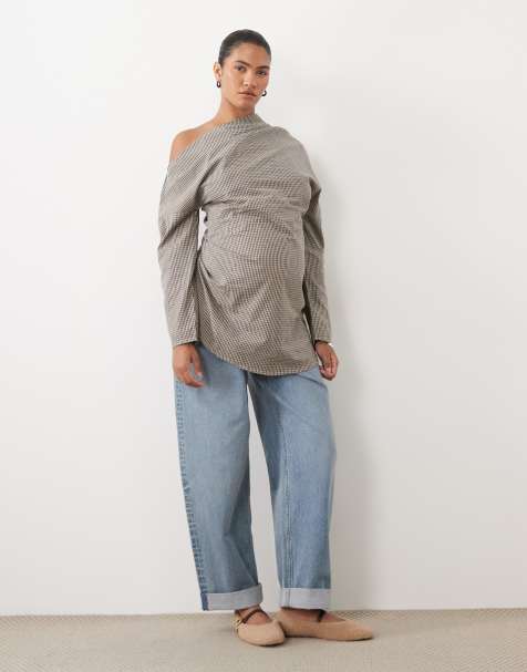 ASOS DESIGN Maternity slash neck long sleeve top in check - view 1