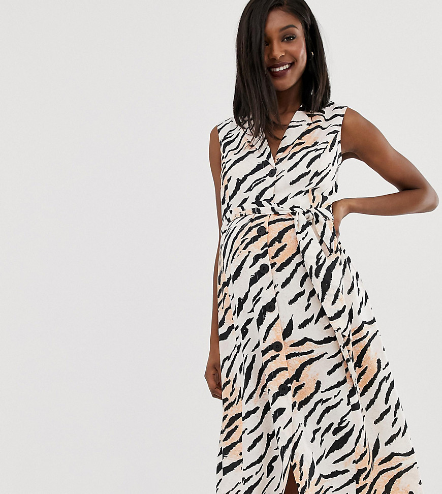 ASOS DESIGN Maternity sleeveless collar button through midi dress in zebra print-Multi