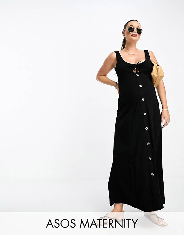 ASOS Maternity - ASOS DESIGN Maternity sleeveless midi dress with buttons and tie detail in black