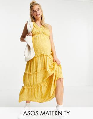 Asos Maternity Asos Design Maternity Sleeveless Tiered Crinkle Maxi Dress With Lace Inserts In Mustard Spot-multi