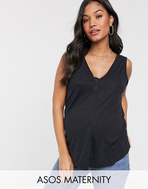 ASOS DESIGN Maternity sleeveless top with drop arm hole in linen mix in black