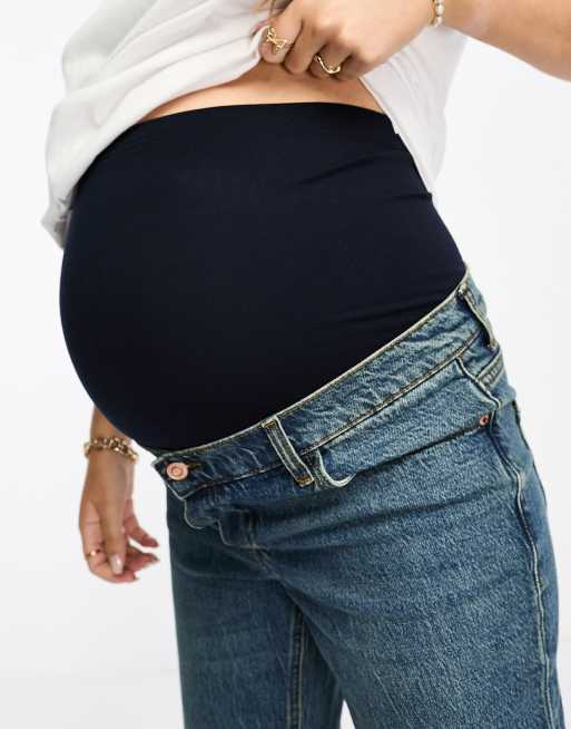 ASOS DESIGN Maternity slim fit comfort mom jeans in mid blue, 3 of 5