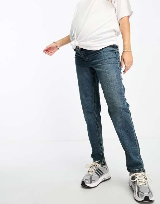 ASOS DESIGN Maternity slim fit comfort mom jeans in mid blue