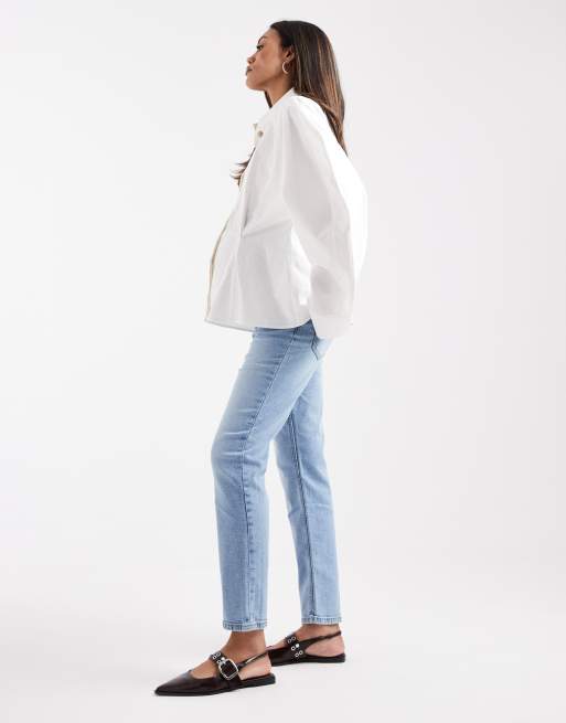 ASOS DESIGN Maternity slim fit comfort mom jeans in mid blue
