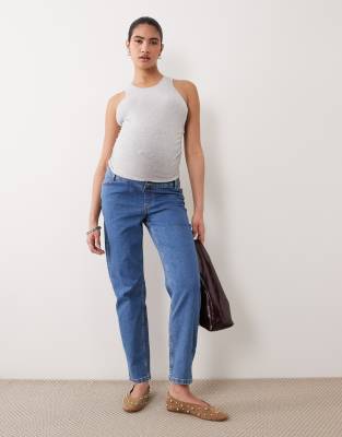 ASOS DESIGN Maternity slim fit mom jeans in mid blue