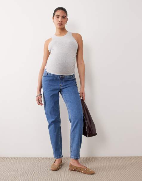 ASOS DESIGN Maternity slim fit mom jeans in mid blue - view 1
